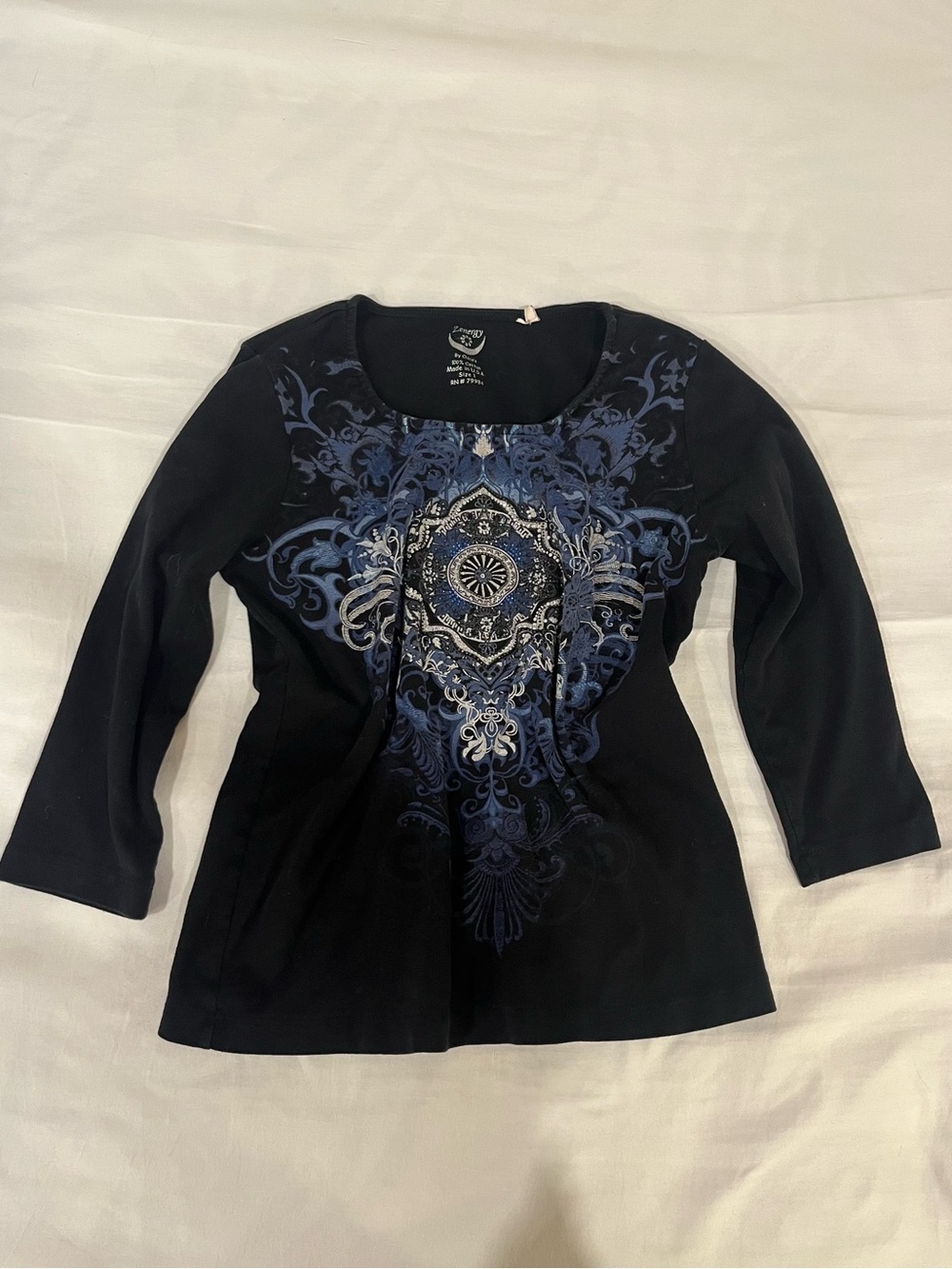 Zenergy by Chico's Black Blue Floral Rhinestone Cotton Long Sleeve Large